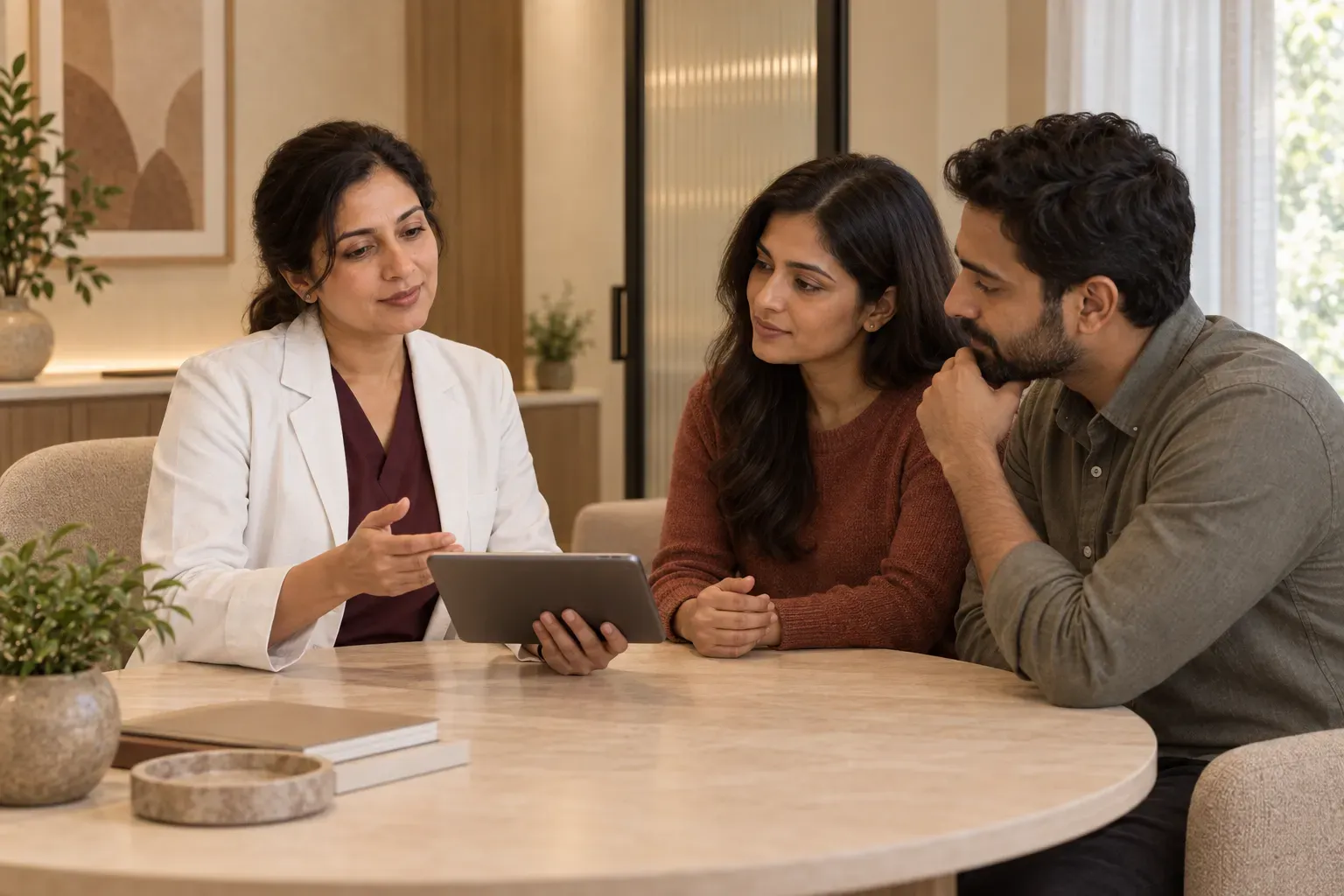 Illustrative couple reviewing care options with a clinician.