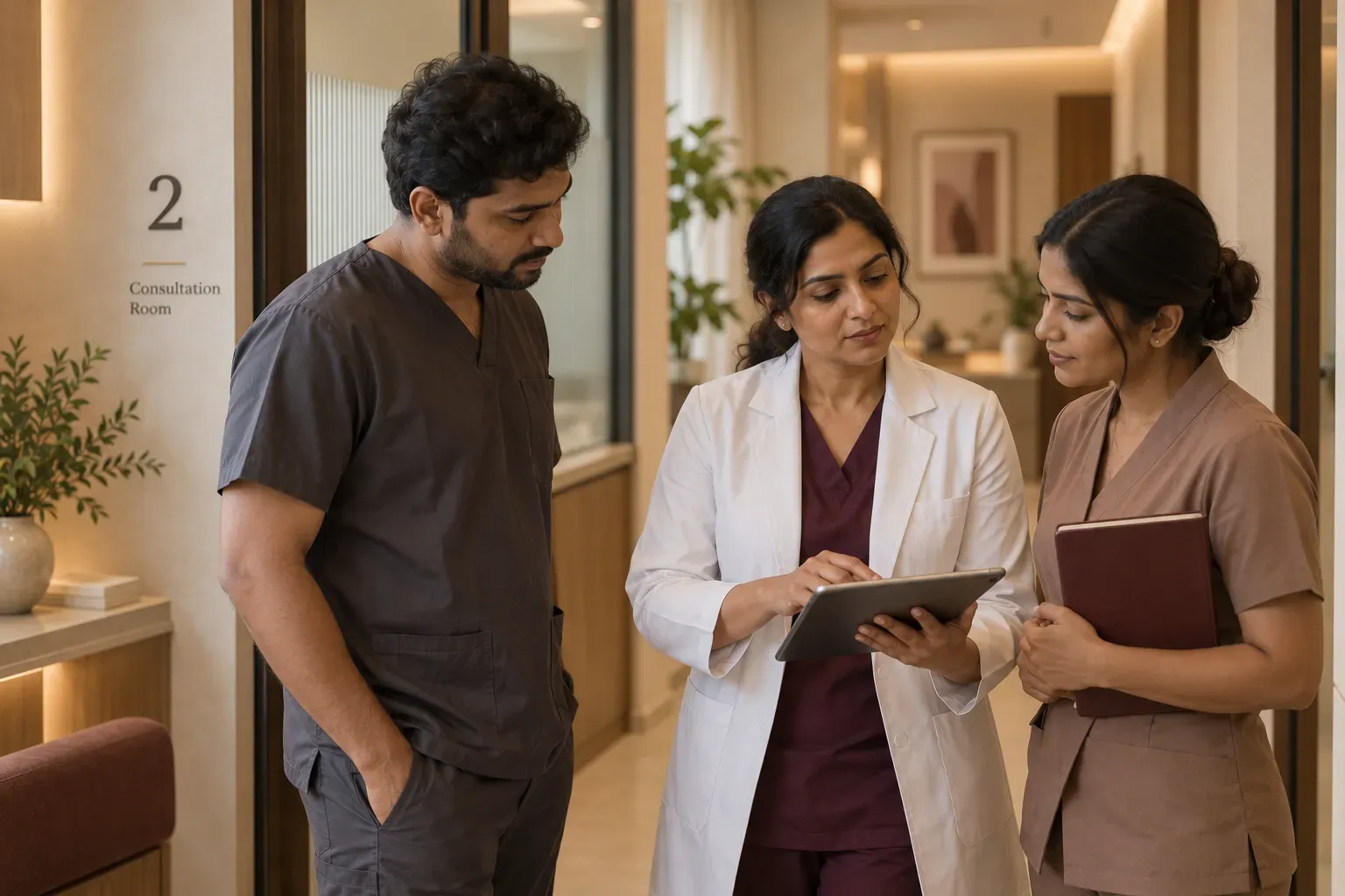 Illustrative care team in a private consultation setting.