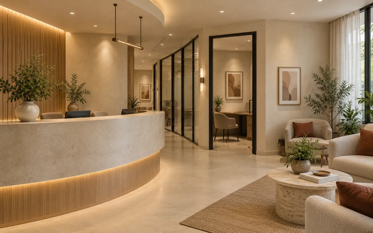 Illustrative private clinic reception and waiting environment.