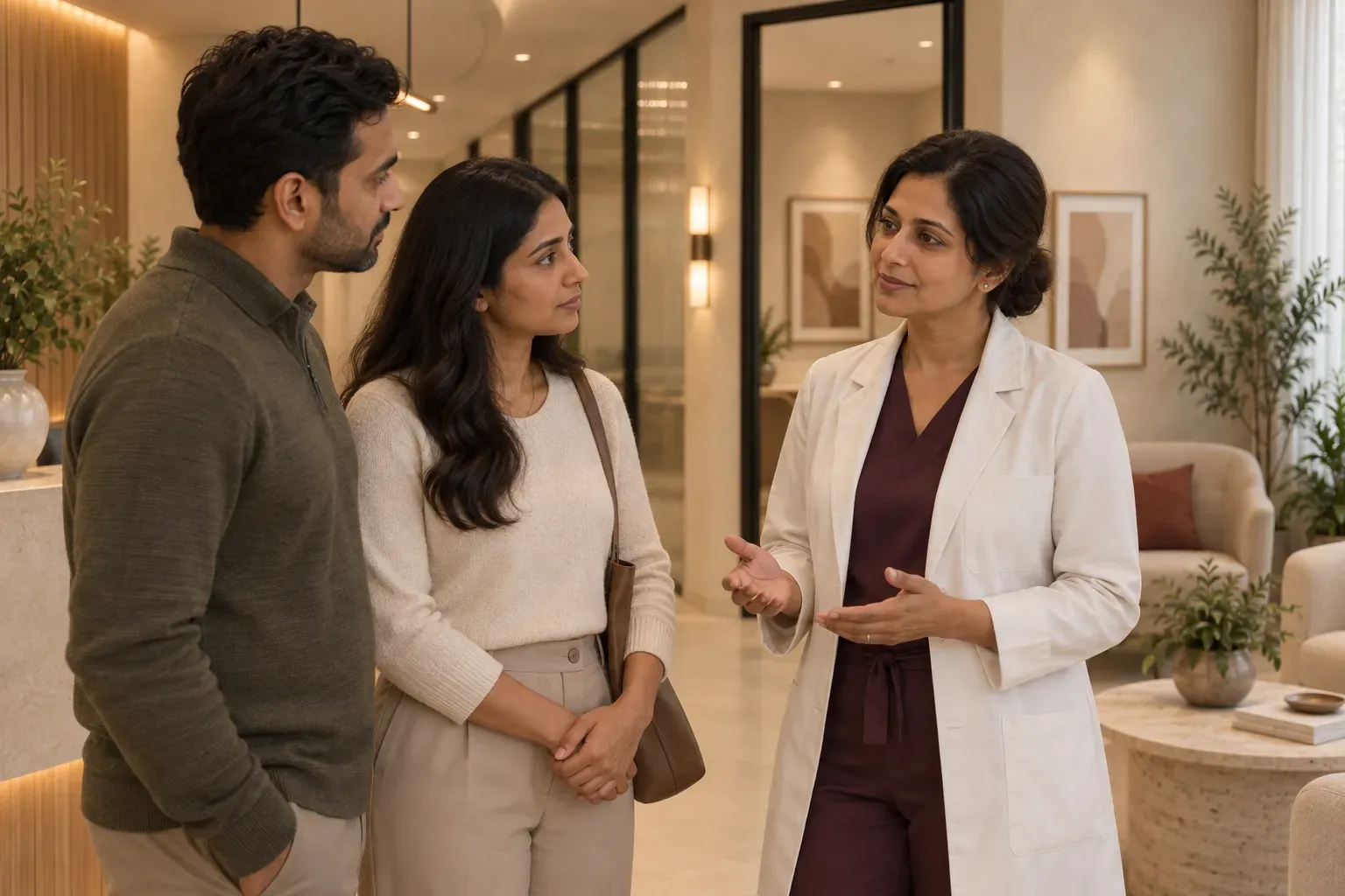Illustrative couple arriving at a calm, private care setting.