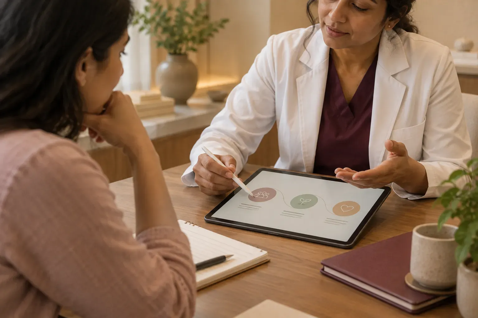 Illustrative clinician discussing diagnostic information with a couple.