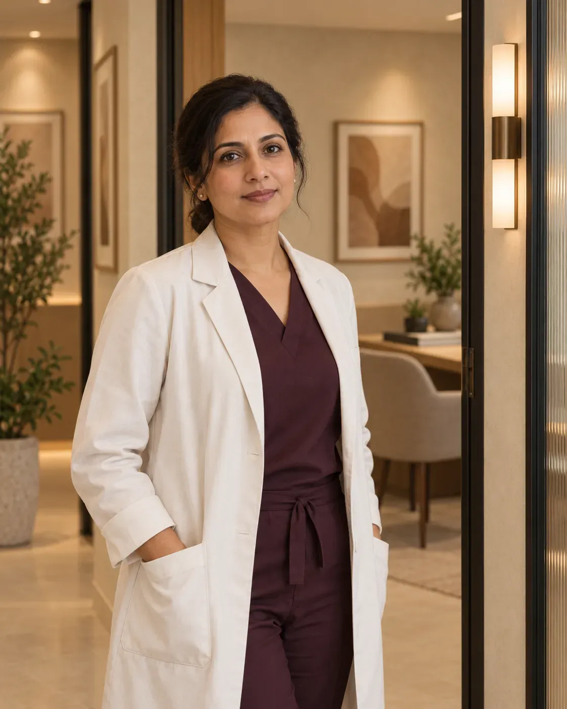 Illustrative female clinician in a private consultation setting.