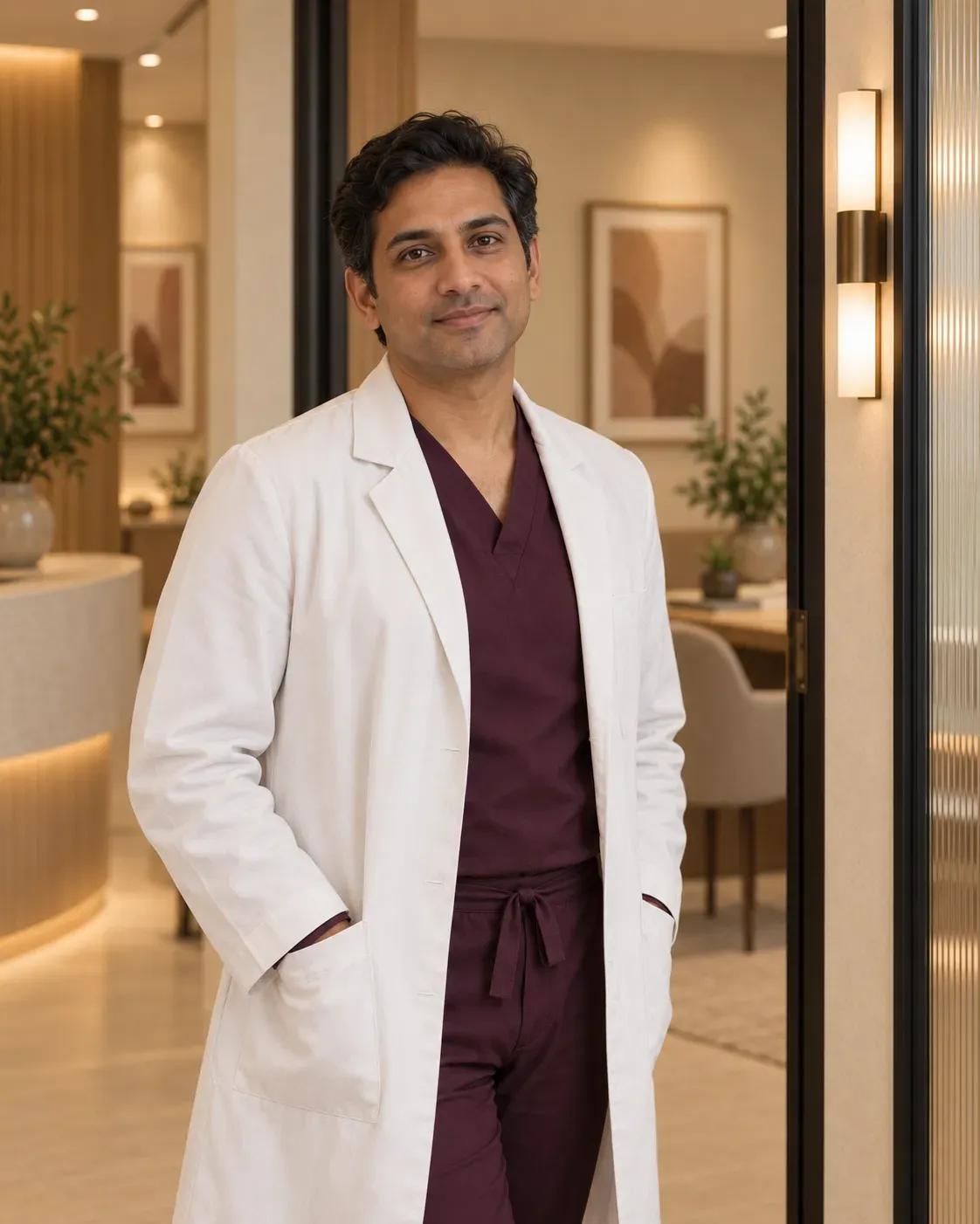 Illustrative male clinician in a private consultation setting.