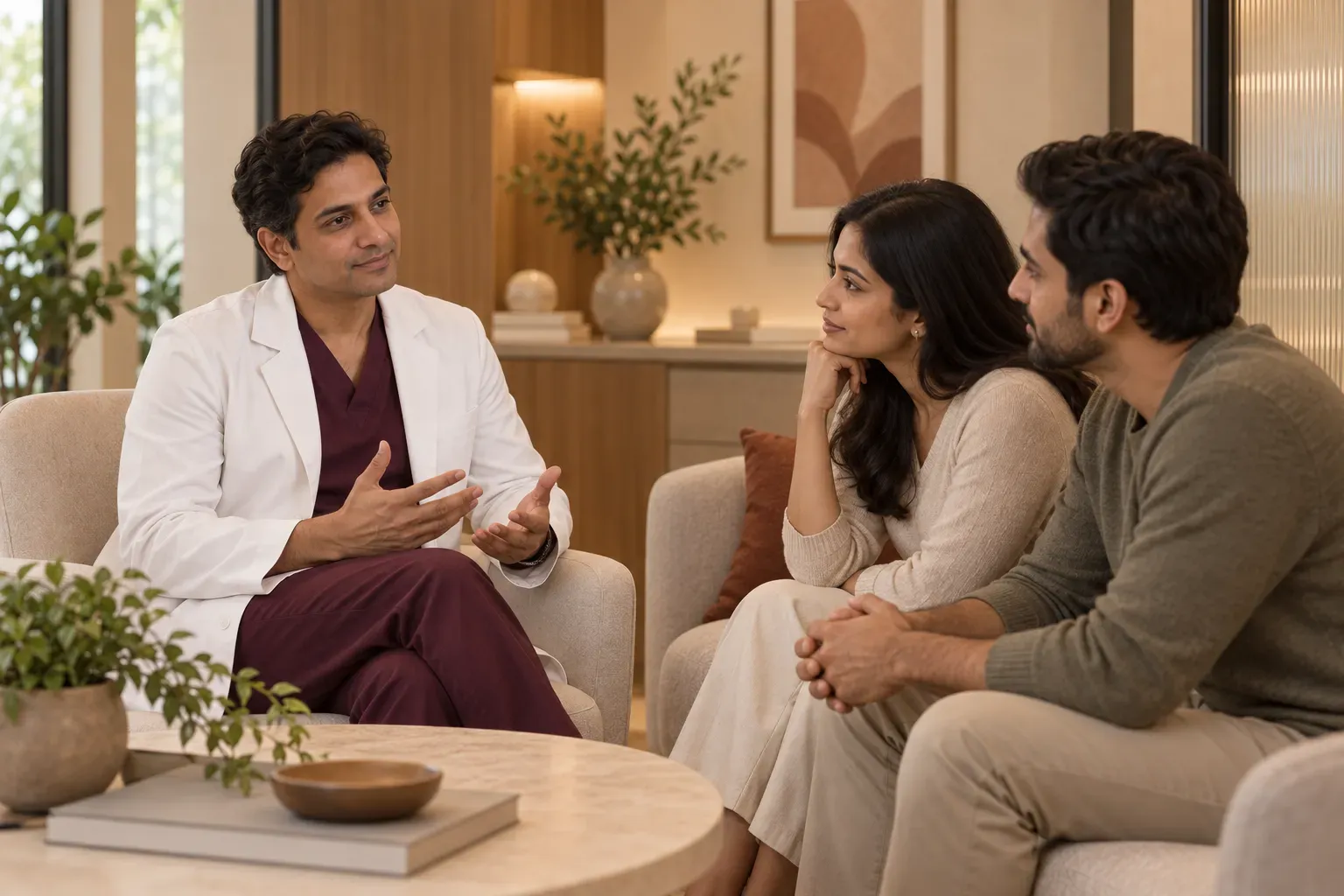 Illustrative couple discussing care options with a clinician.